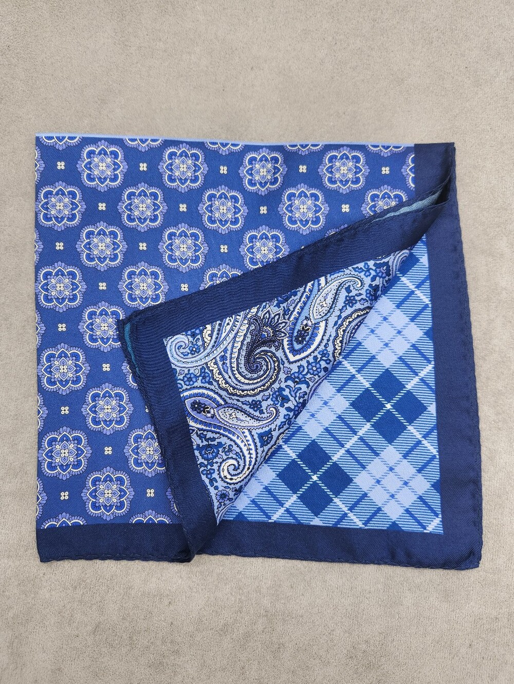 Cremieux Pocket Square Blue 100% Silk Pochette Paisley Plaid 4 Panels New $35